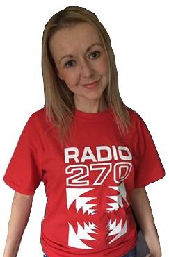 Olga wears wears red Radio 270 tee shirts